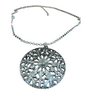 Silver Tone Floral Filigree Pendant 2-1/4" Necklace 30"